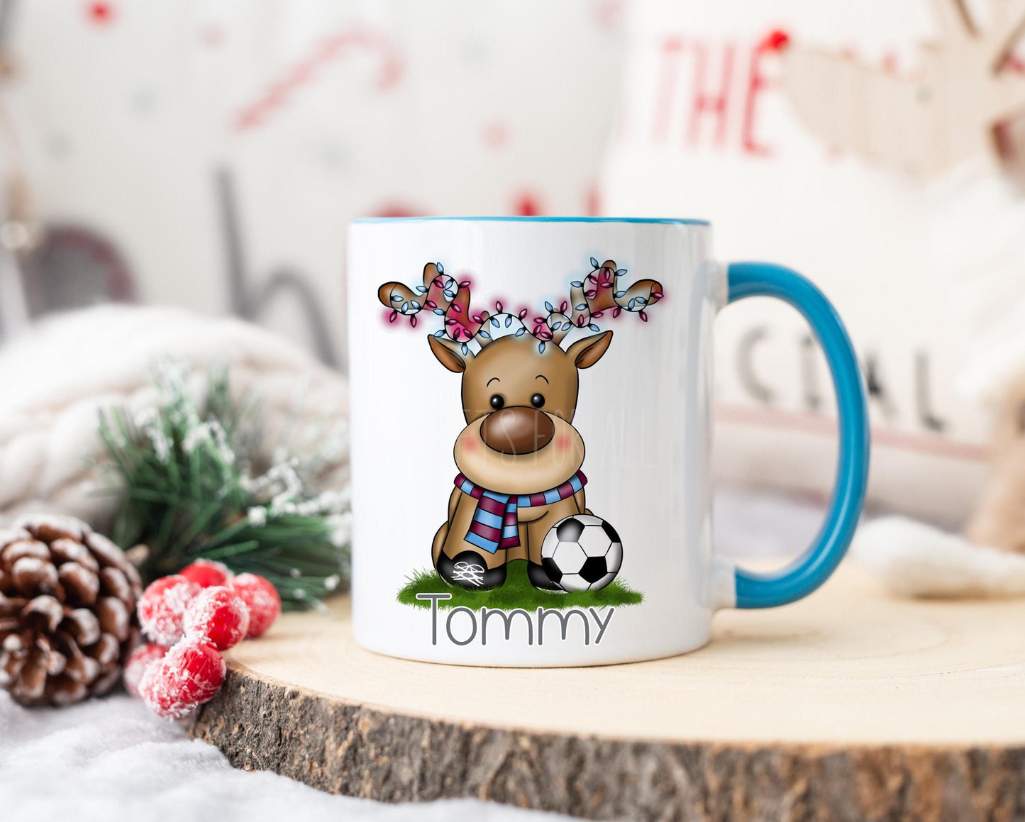 Christmas Football Reindeer Mug, Personalised Grey Christmas Mug, Football Coach Gift, Football Lover Xmas Mug, Claret & Blue Footie Team