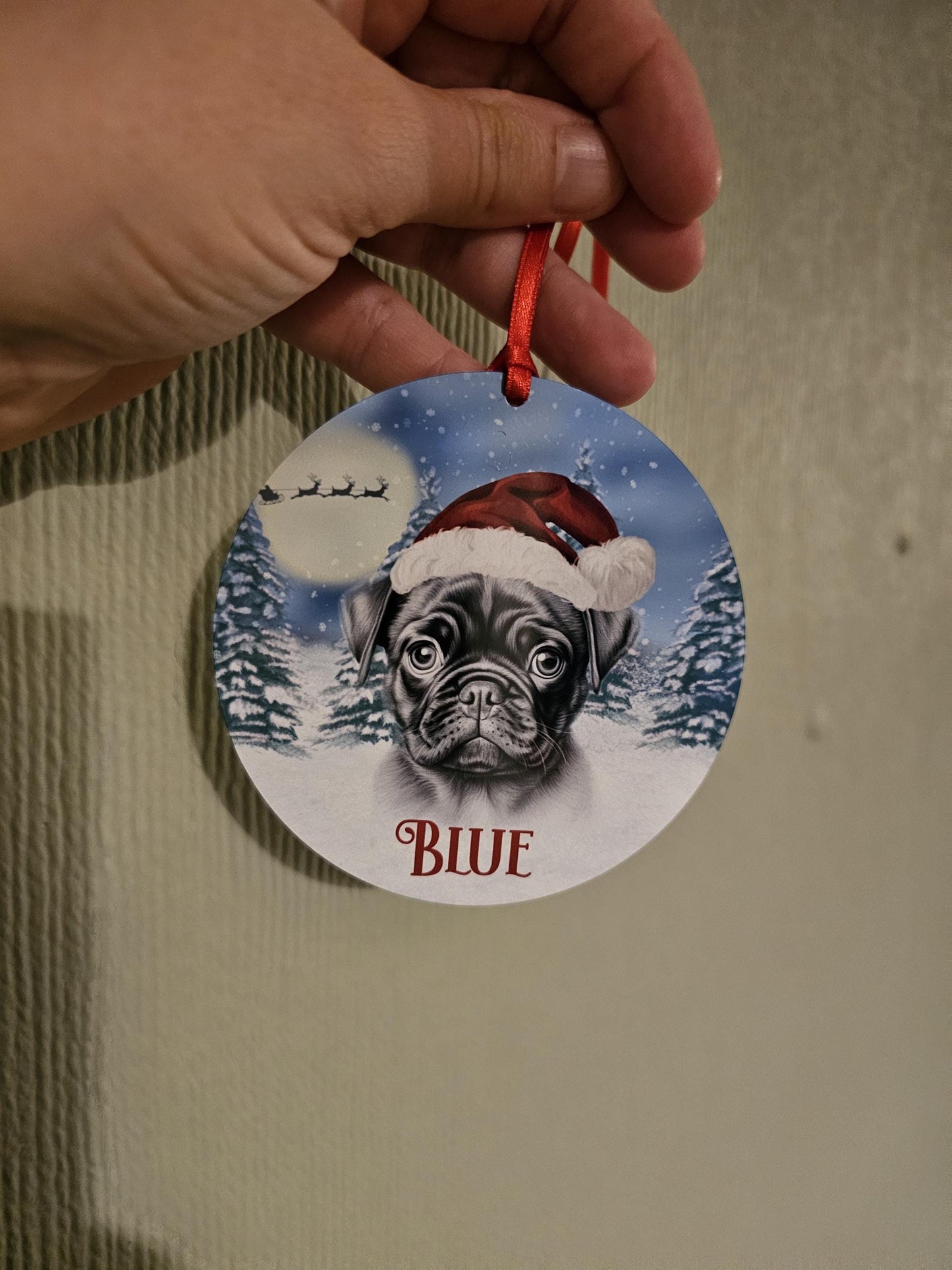 Personalised Christmas Black Pug Tree Decoration, Pug Metal Christmas Hanging Ornament