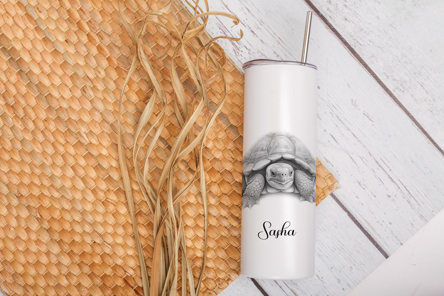 Personalised Tortoise Tumbler: 20oz Insulated Drink Bottle with Straw