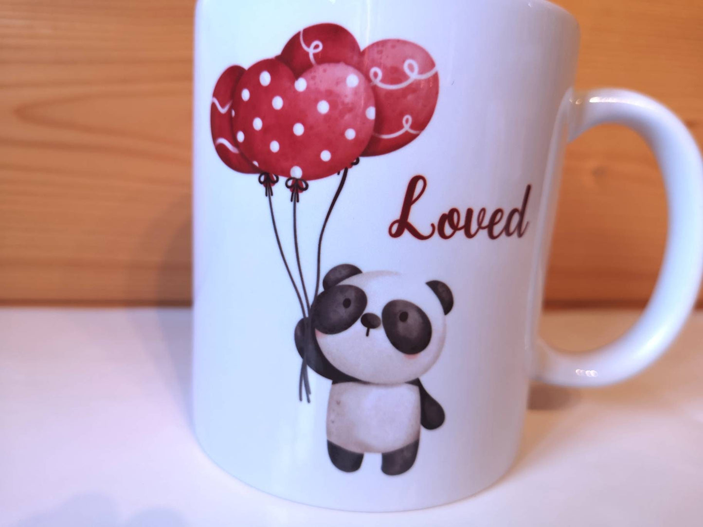 Personalised Cute Panda Mug, Panda Holding Heart Balloon, Black And White Panda Red Balloon, Mug And Coaster