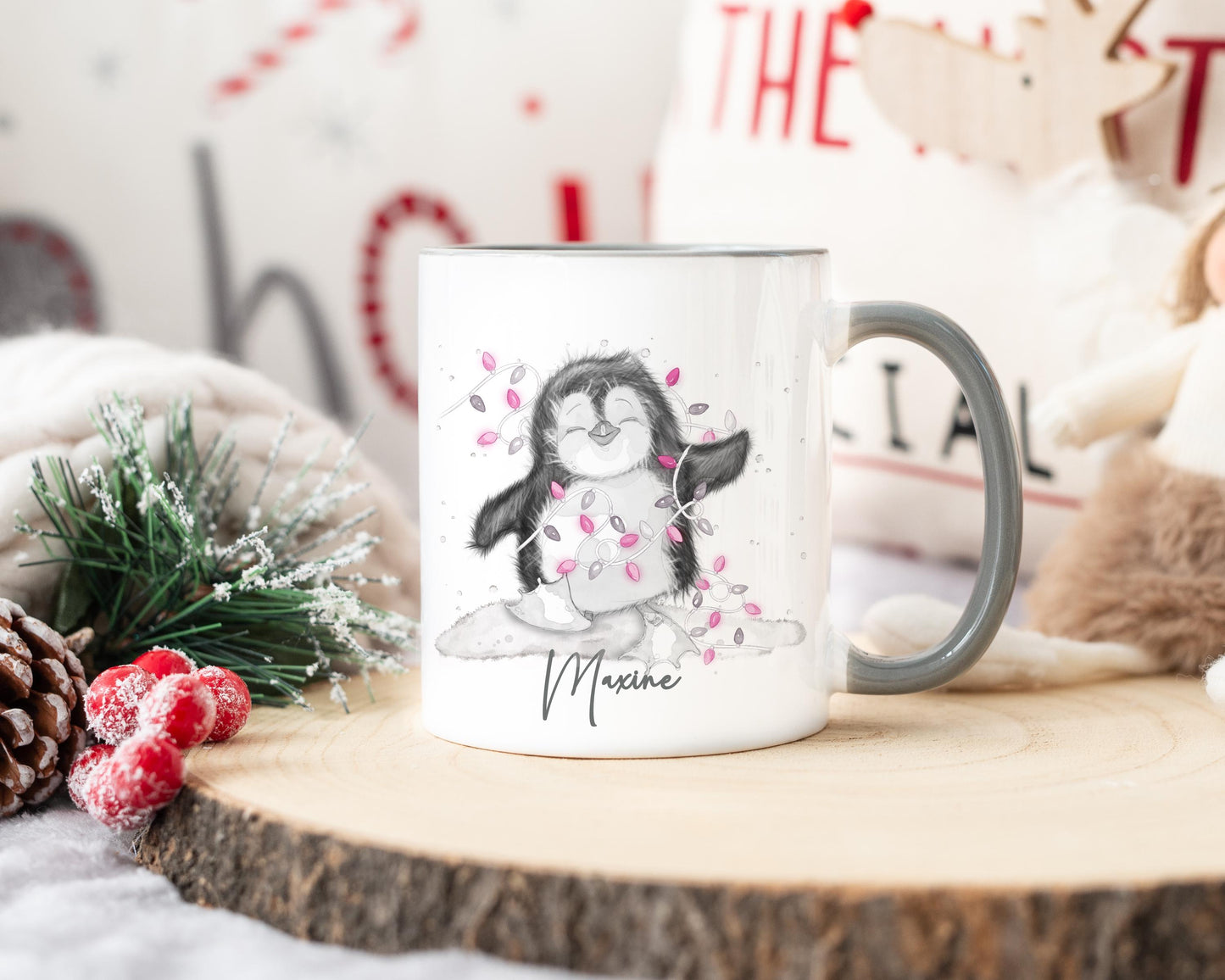 Personalised Christmas Penguin Mug, Sketch Penguin With Pink Xmas Lights, Christmas Hot Choc Mug