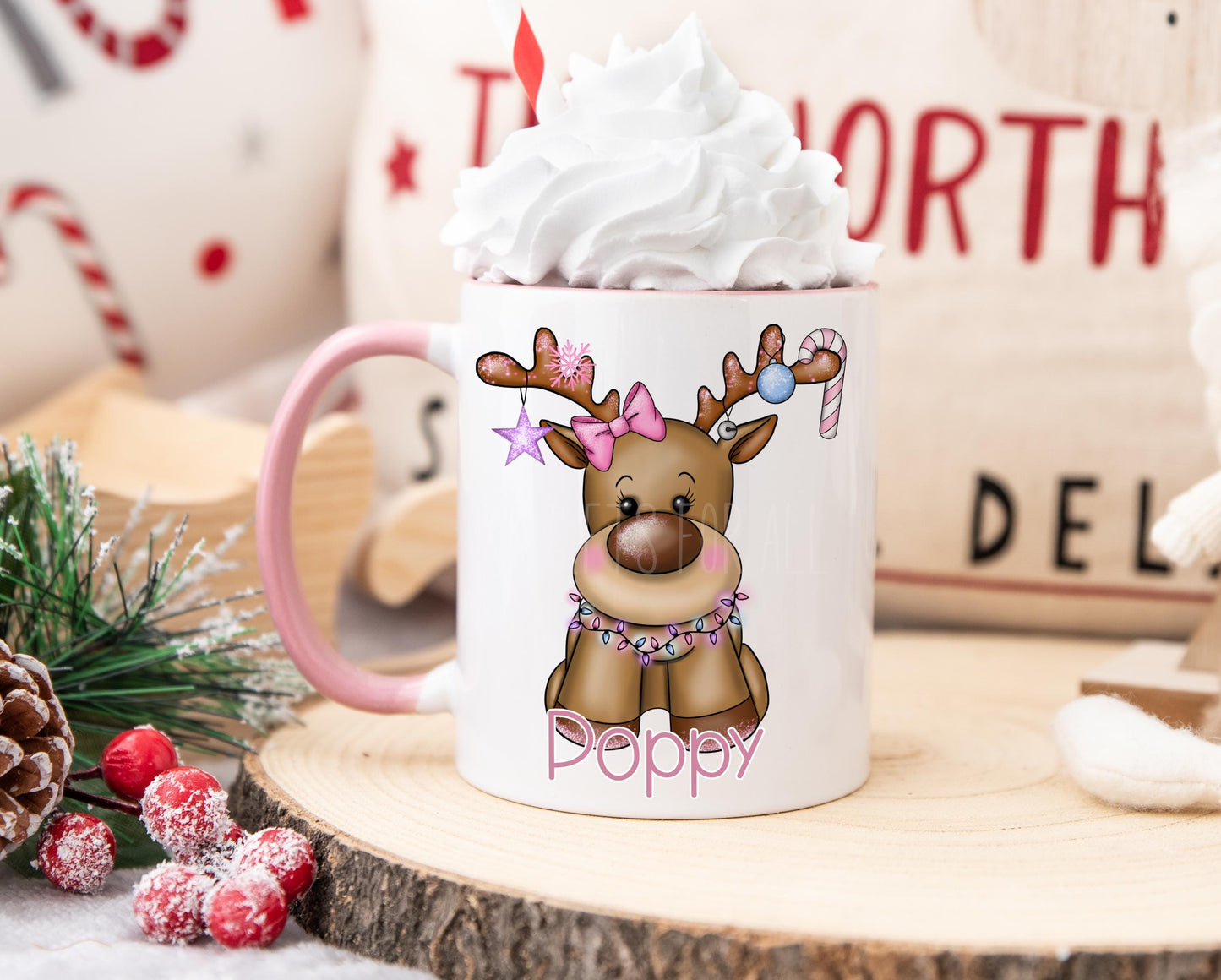 Personalised Pink Christmas Mug, Xmas Reindeer Mug, Girls Christmas Cocoa Mug