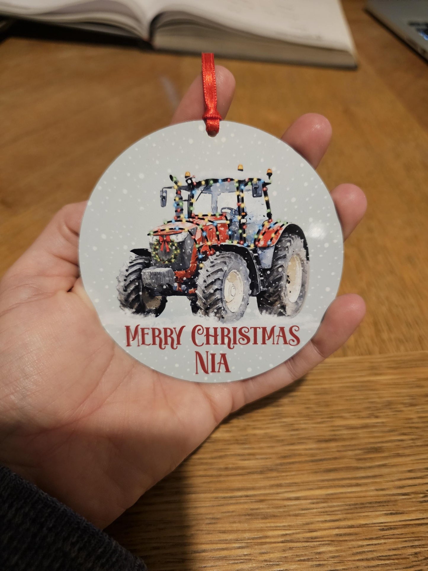 Personalised Christmas Tractor Decoration, Red Tractor Christmas Hanging Ornament
