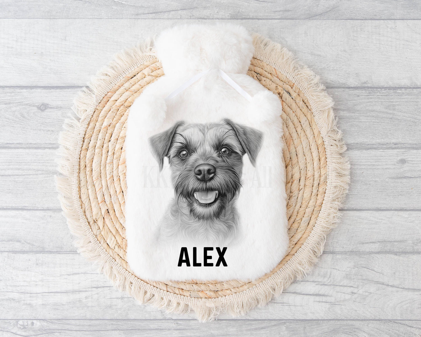 Personalizsed Border Terrier Hot Water Bottle with Pom Poms