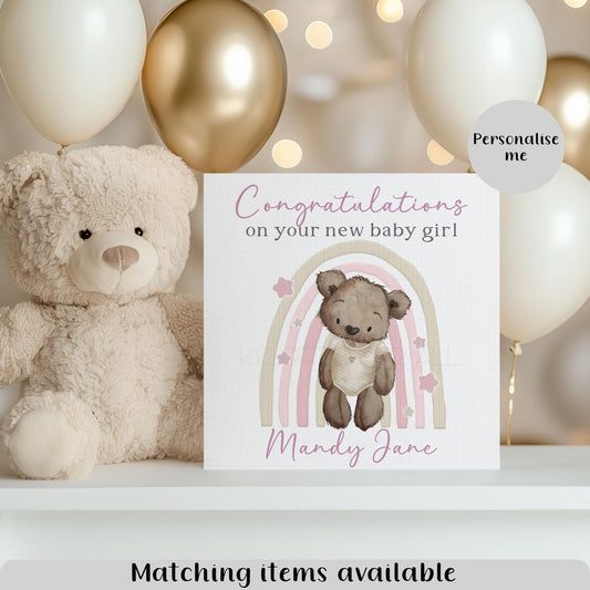 Personalised New Baby Girl Card, Watercolor Teddy Bear Congratulations Card