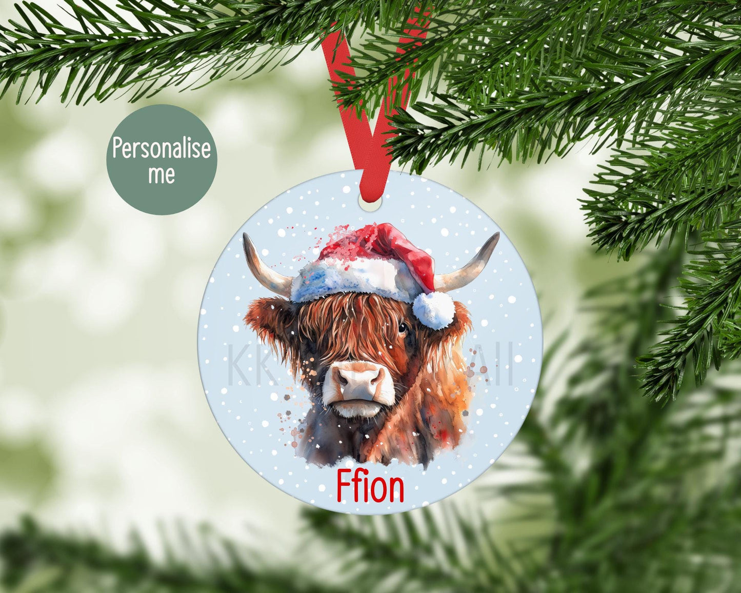 Personalised Highland Cow Christmas Tree Decoration, Cow Christmas Hanging Ornament