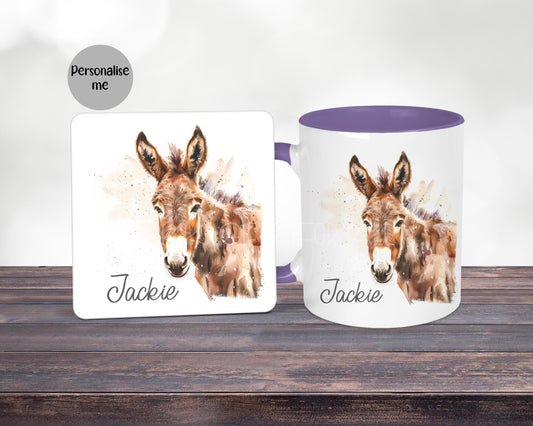 Personalised Donkey Mug & Coaster, Gift For Woman - Mum Nan Aunt Friend, Birthday Or Anniversary Gift For Donkey Lover