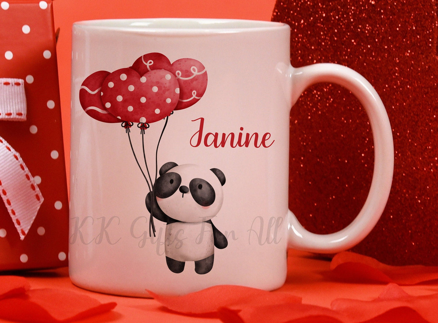 Personalised Cute Panda Mug, Panda Holding Heart Balloon, Black And White Panda Red Balloon, Mug And Coaster