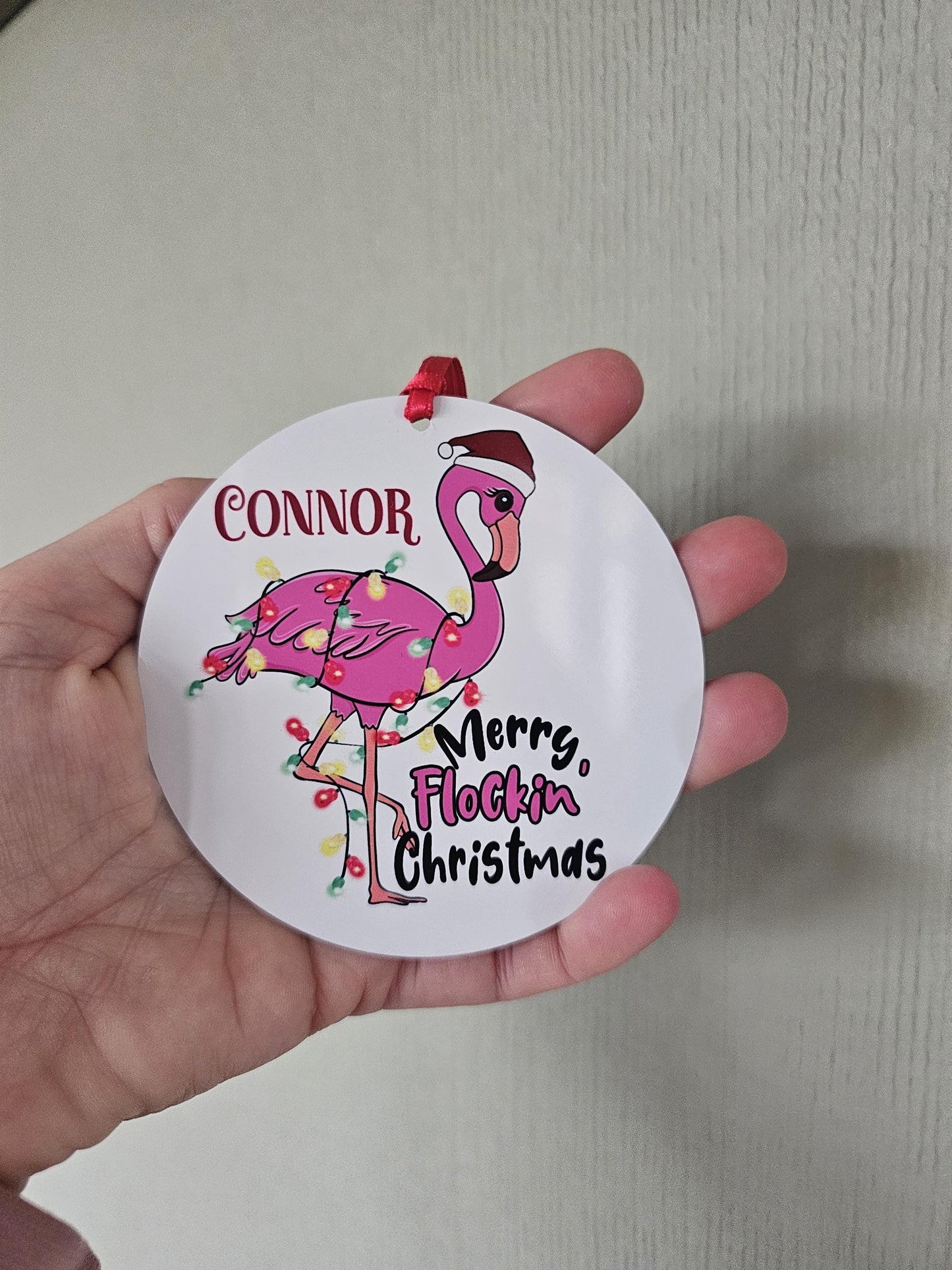 Personalised Christmas Tree Decoration, Metal Christmas Hanging Ornament, Merry Flocking Christmas, Xmas Flamingo