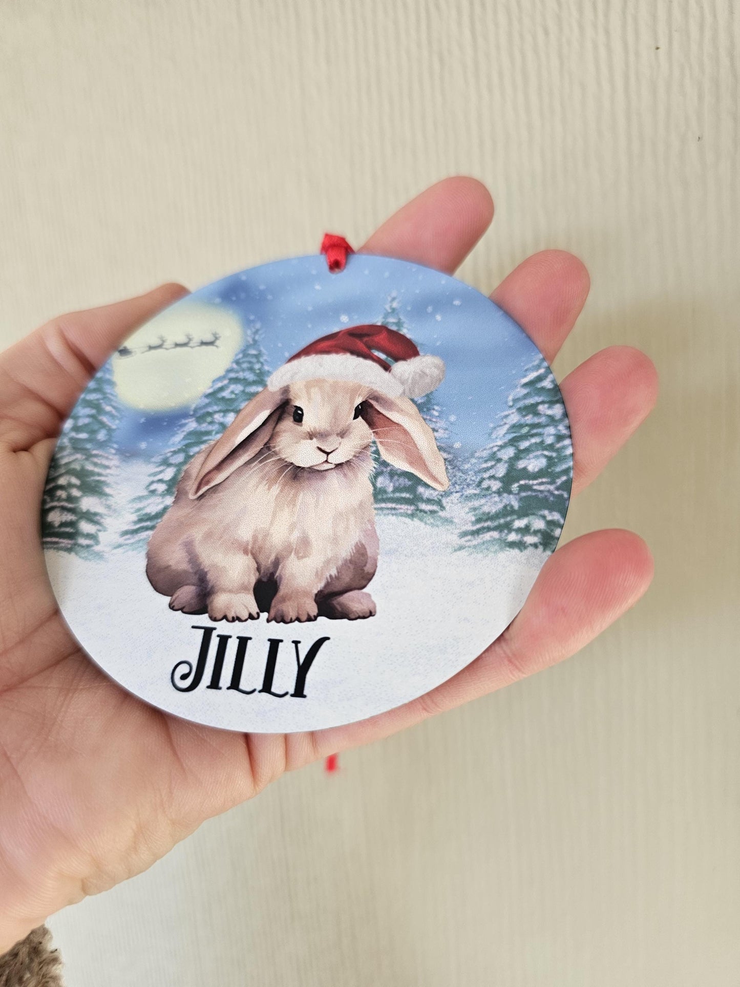 Personalised Christmas Bunny Rabbit Tree Decoration, Rabbit Metal Christmas Hanging Ornament