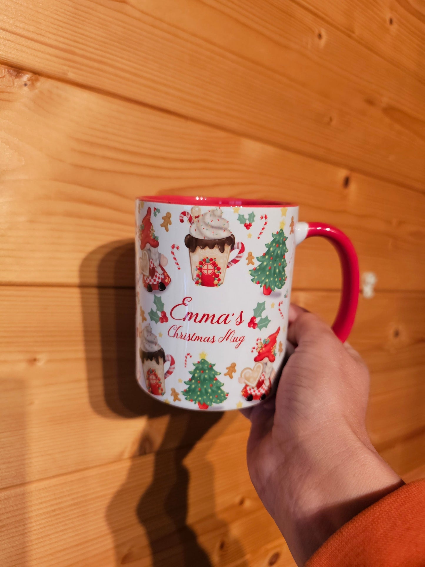Christmas Gnome Mug, Red Handle Mug, Gonk Christmas Theme, Personalised Mug, Hot Cocoa Mug, Hot Chocolate Movie Mug, Candycane