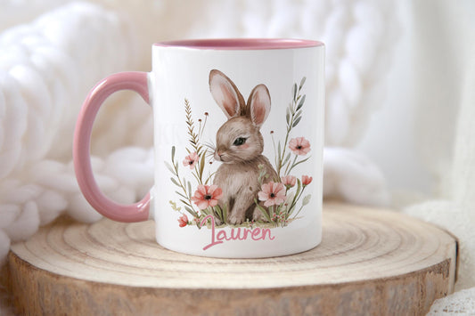 Personalised Bunny Mug – Floral Spring Theme Cup With Custom Name | Rabbit Lover Gifts