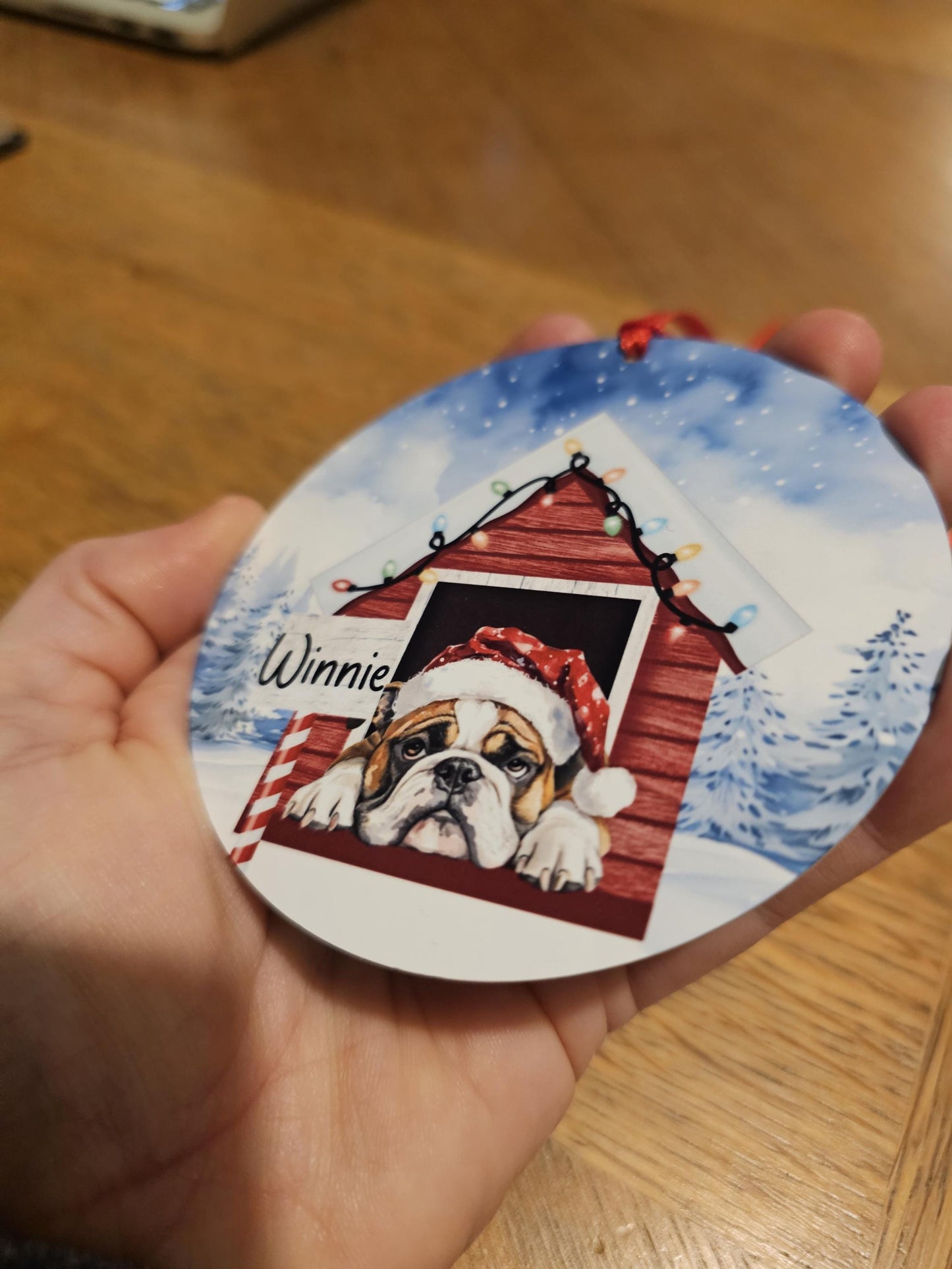 Personalised Christmas Bulldog Tree Decoration, Bulldog Metal Christmas Hanging Ornament