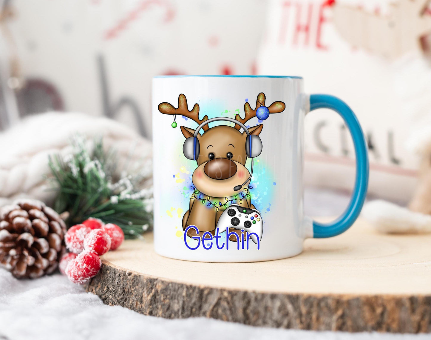 Blue Christmas Reindeer Mug, Personalised Children's Christmas Eve Mug, Gaming Mug