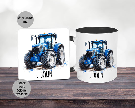Personalised Blue Tractor Mug & Coaster Set: Farmer Gift, Black Handle