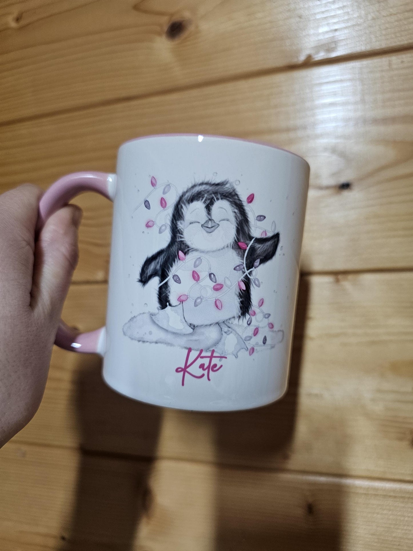 Personalised Christmas Pink Penguin Mug, Sketch Penguin With Xmas Lights, Christmas Hot Choc Mug