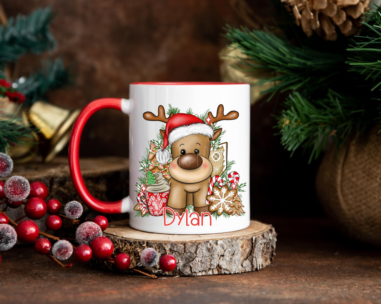 Christmas Reindeer Mug, Red Xmas Cocoa Mug, Personalsied Reindeer Mug