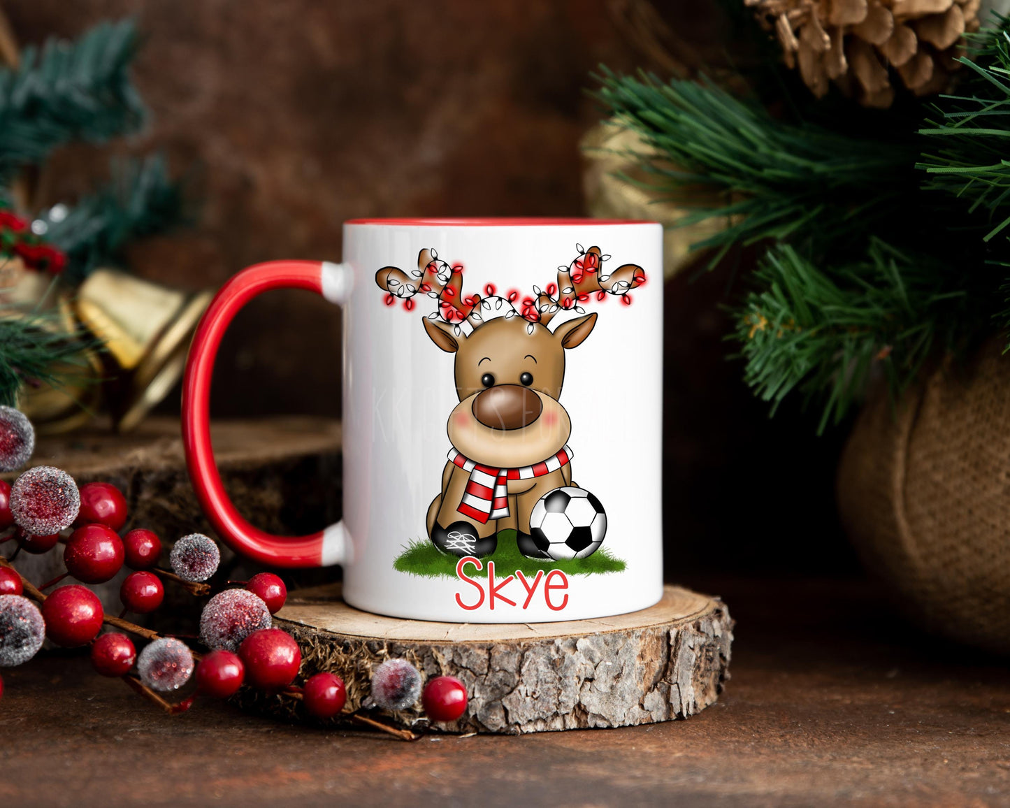Personalised Christmas Football Reindeer Mug, Christmas Mug For Boys