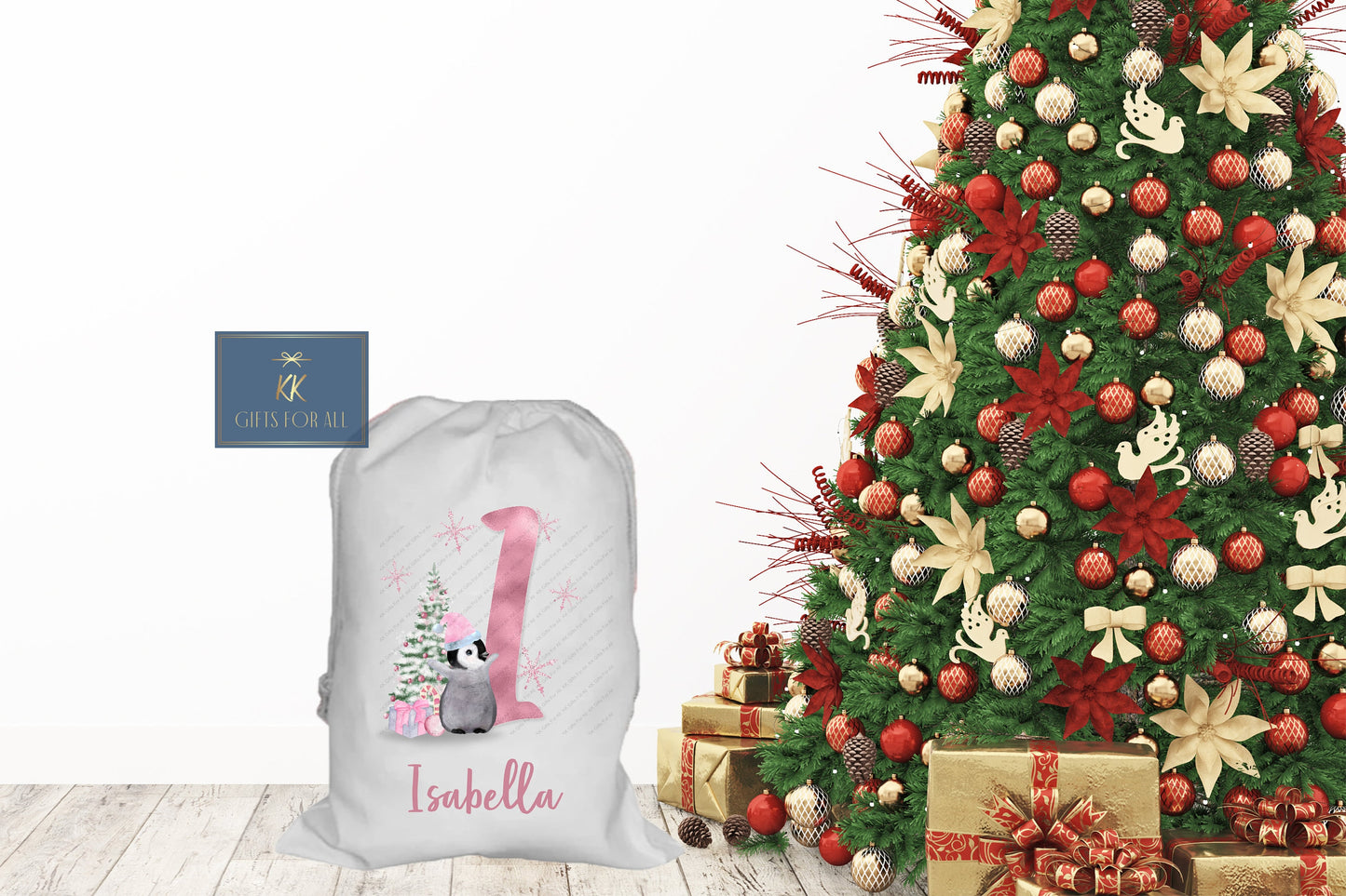 Personalsied Christmas Santa Sack Father Christmas Bag, Pink Penguin Father Christmas Sack, Name & Initial