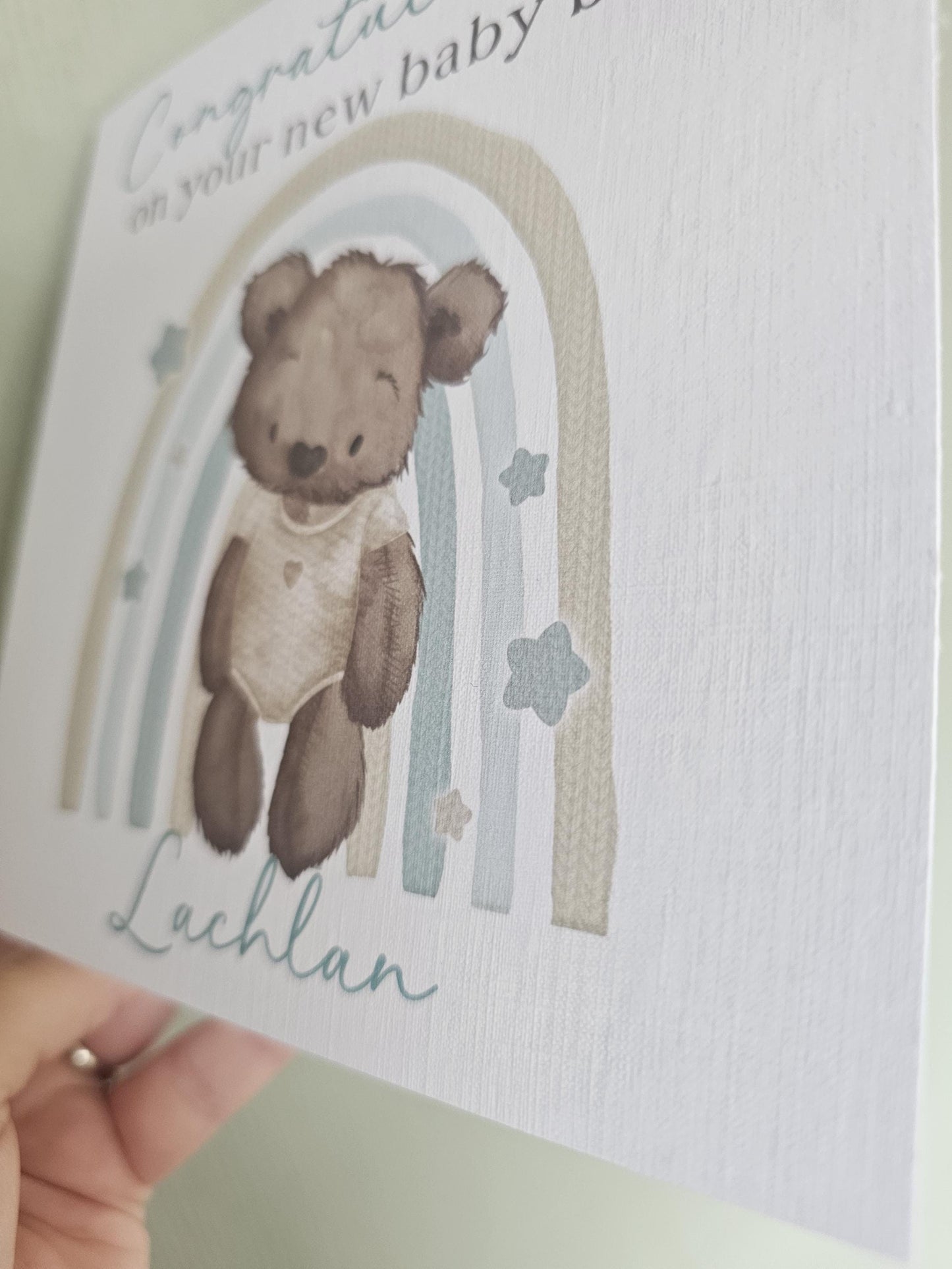 Personalised New Baby Boy Card, Watercolor Teddy Bear & Rainbow Congratulations Card