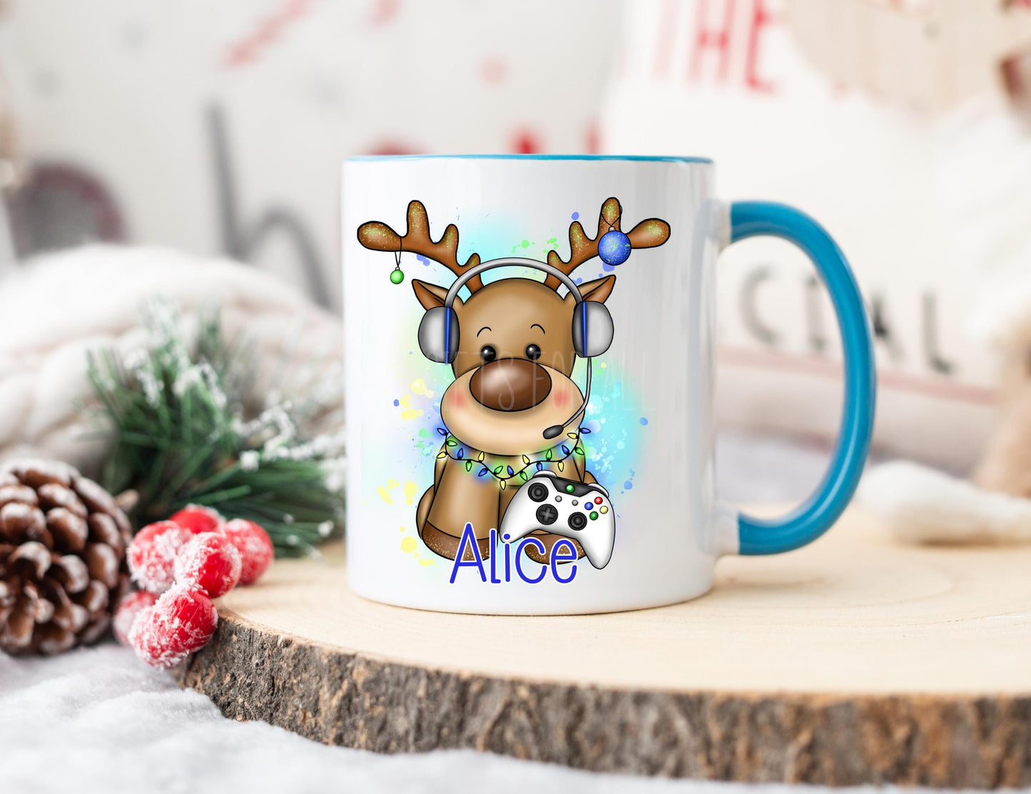 Blue Christmas Reindeer Mug, Personalised Children's Christmas Eve Mug, Gaming Mug