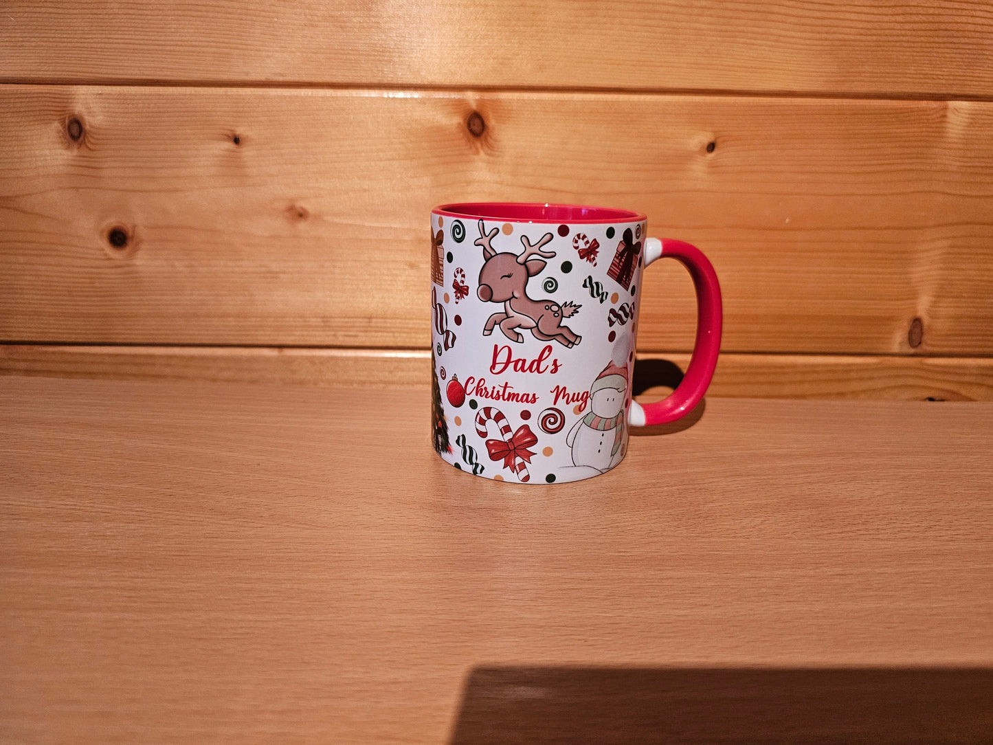 Christmas Theme Mug, Red Handle Personalised Xmas Family Mug, Hot Chocolate Mug, Xmas Eve Movie Mug, Childrens Xmas Mug