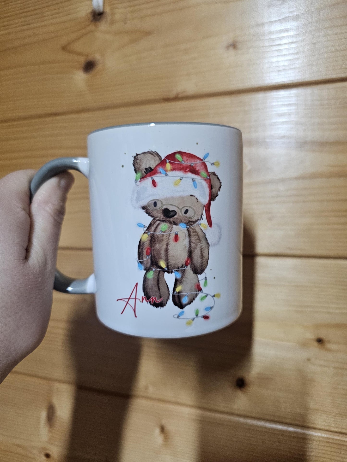 Christmas Mug, Christmas Bear Grey Mug, Personalsied Mug & Coaster