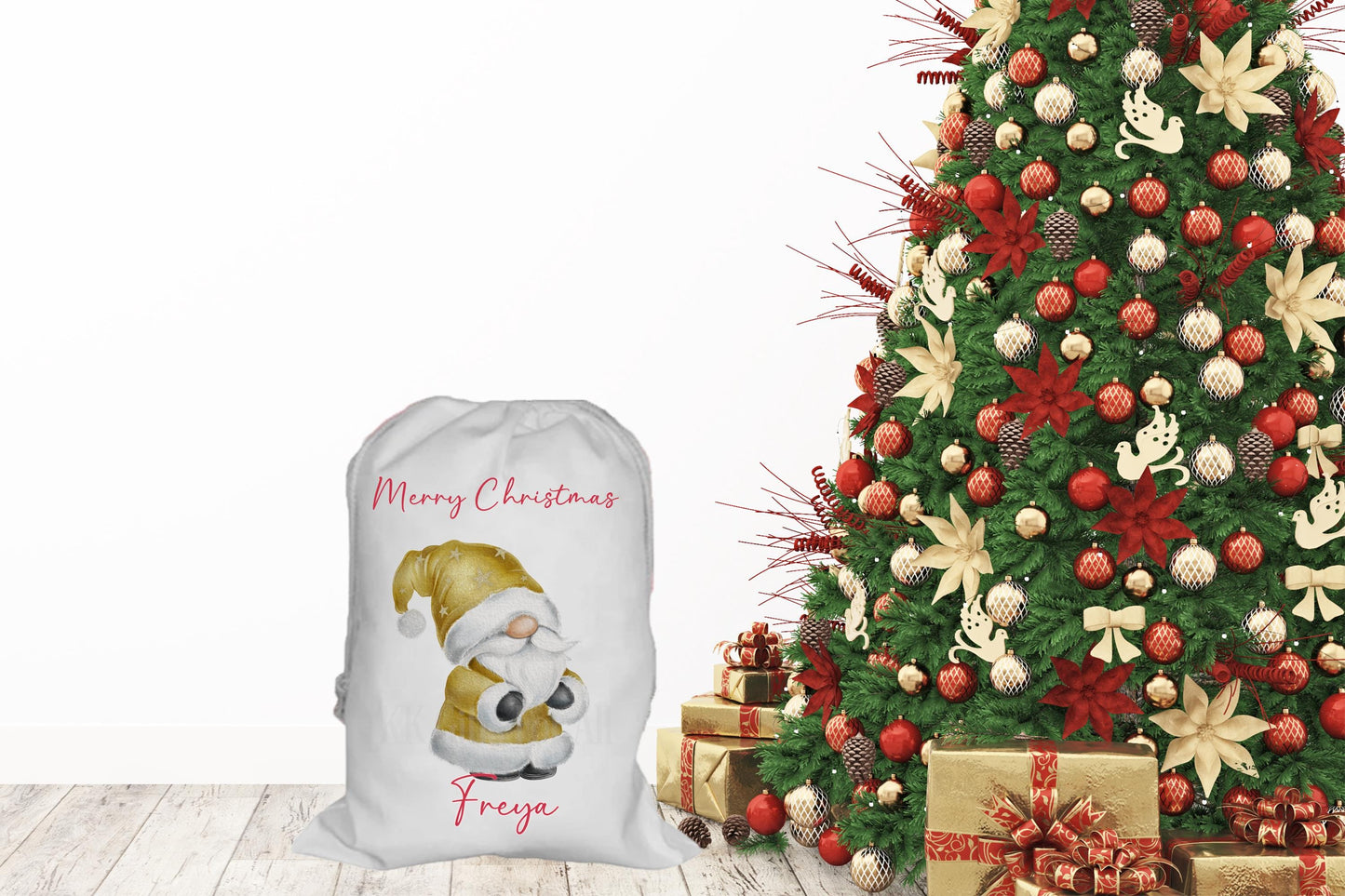 Personalised Gold Gonk Santa Sack, Large Gnome Christmas Present Bag