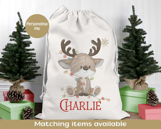 Personalised Linen Santa Sack, Large Christmas Present Bag With Reindeer, Drawstring Closure