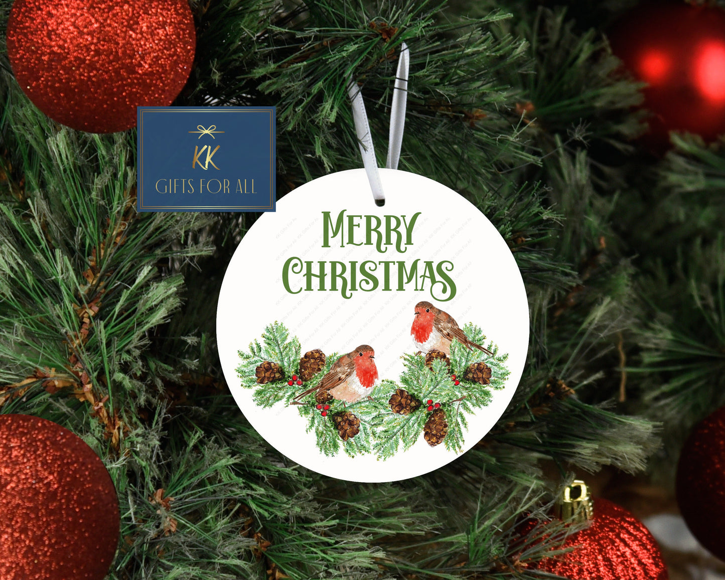 Robin Wreath & Text, Personalised Christmas Tree Decoration, Christmas Hanging Ornament, Metal Tree Decoration, 2 Red Breast Robins,Xmas Dec