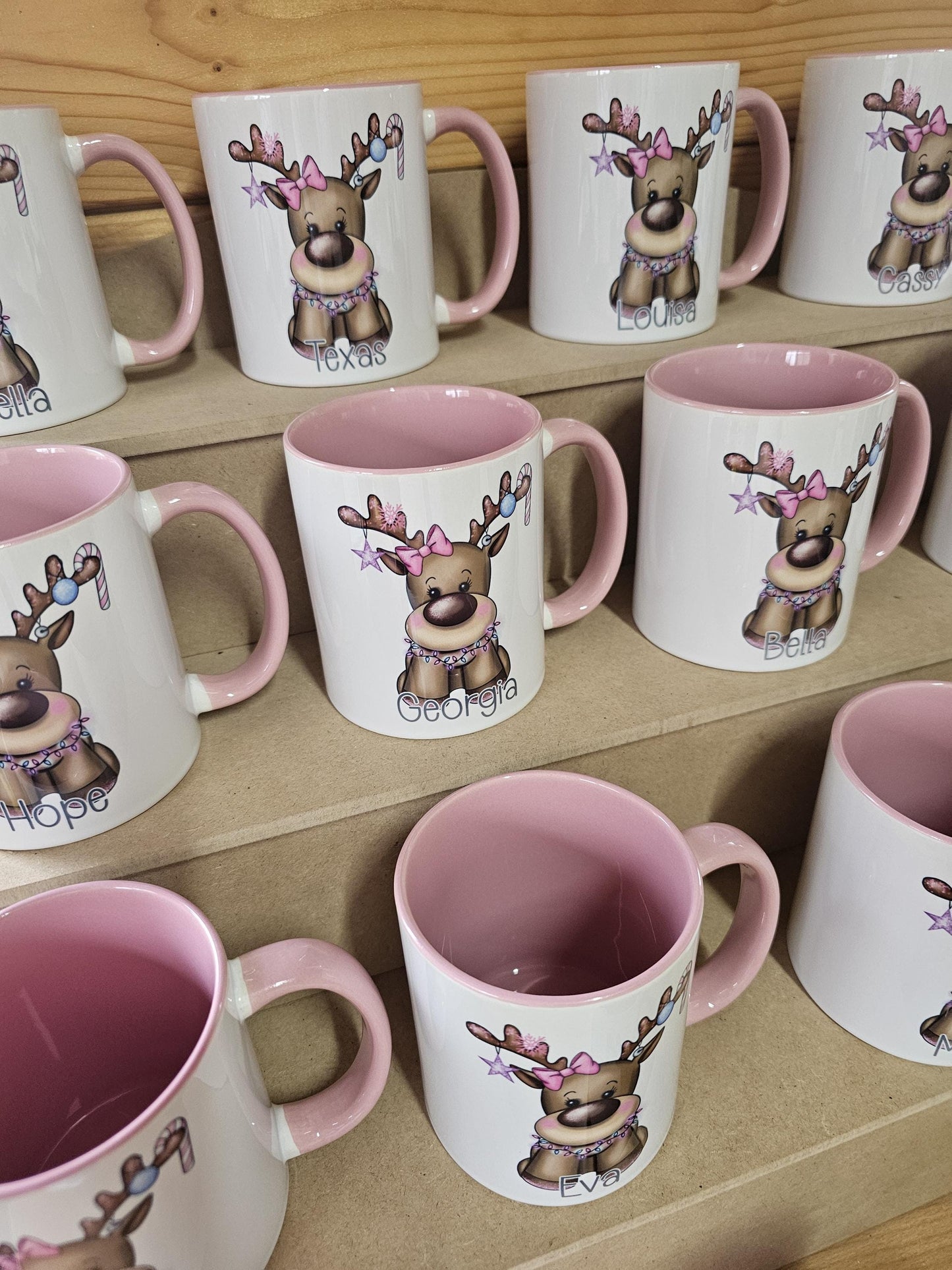 Personalised Pink Christmas Mug, Xmas Reindeer Mug, Girls Christmas Cocoa Mug