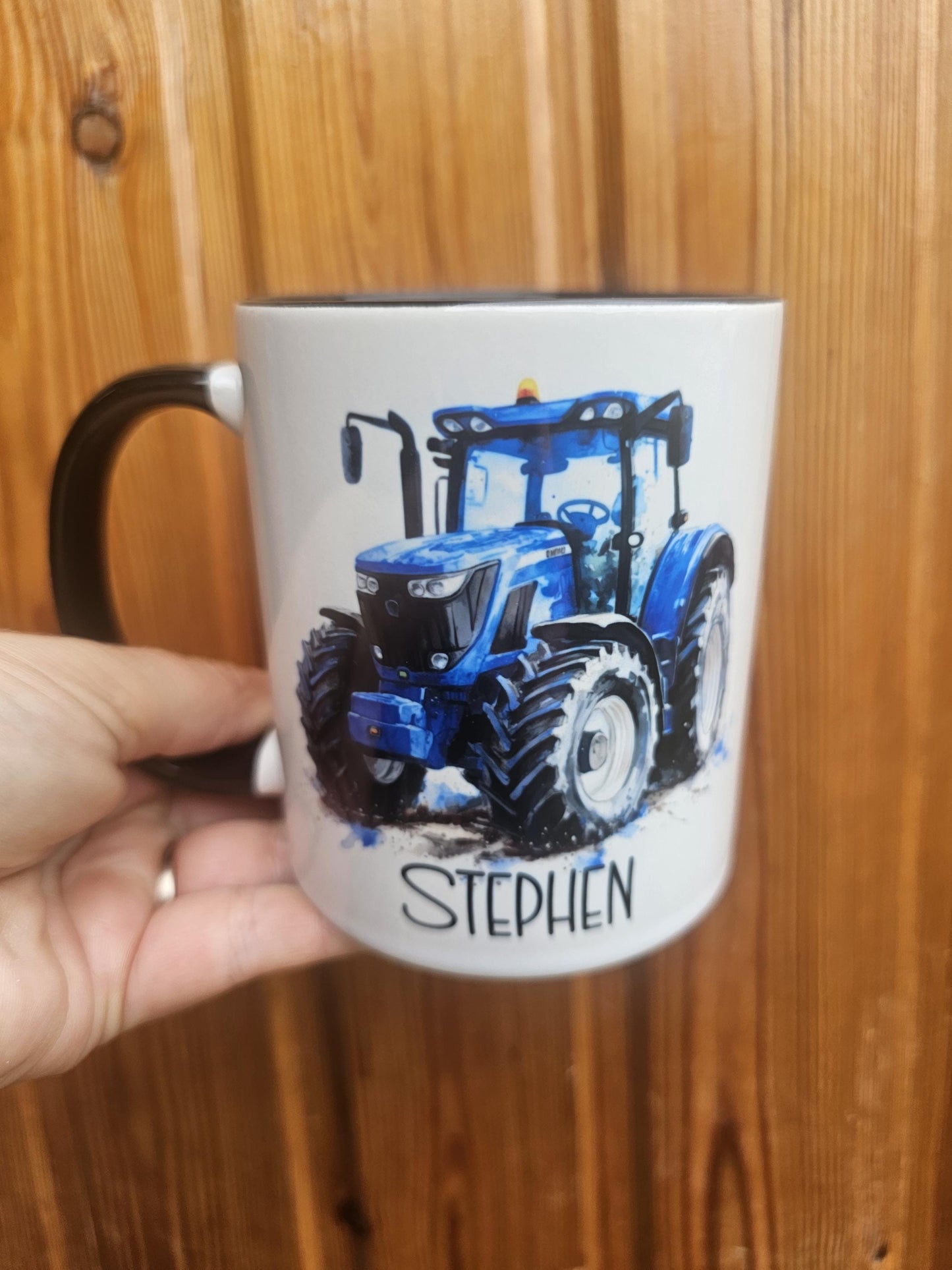 Personalised Blue Tractor Mug & Coaster Set: Farmer Gift, Black Handle