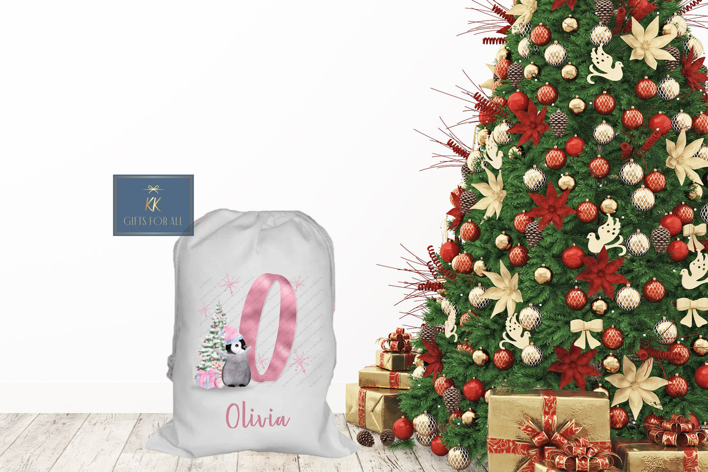 Personalsied Christmas Santa Sack Father Christmas Bag, Pink Penguin Father Christmas Sack, Name & Initial