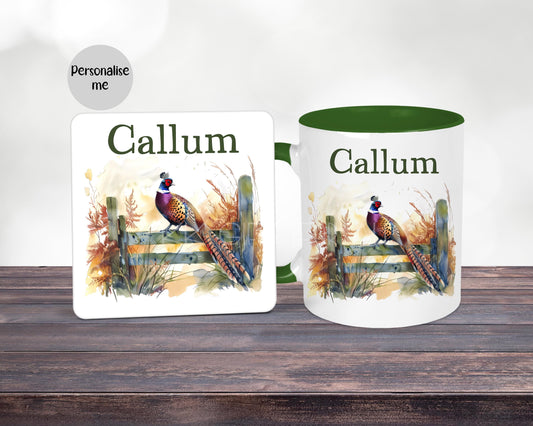 Personalised Pheasant Mug & Coaster, Gift For Dad Grandad Brother Uncle, Country Living Game Bird Christmas Gift