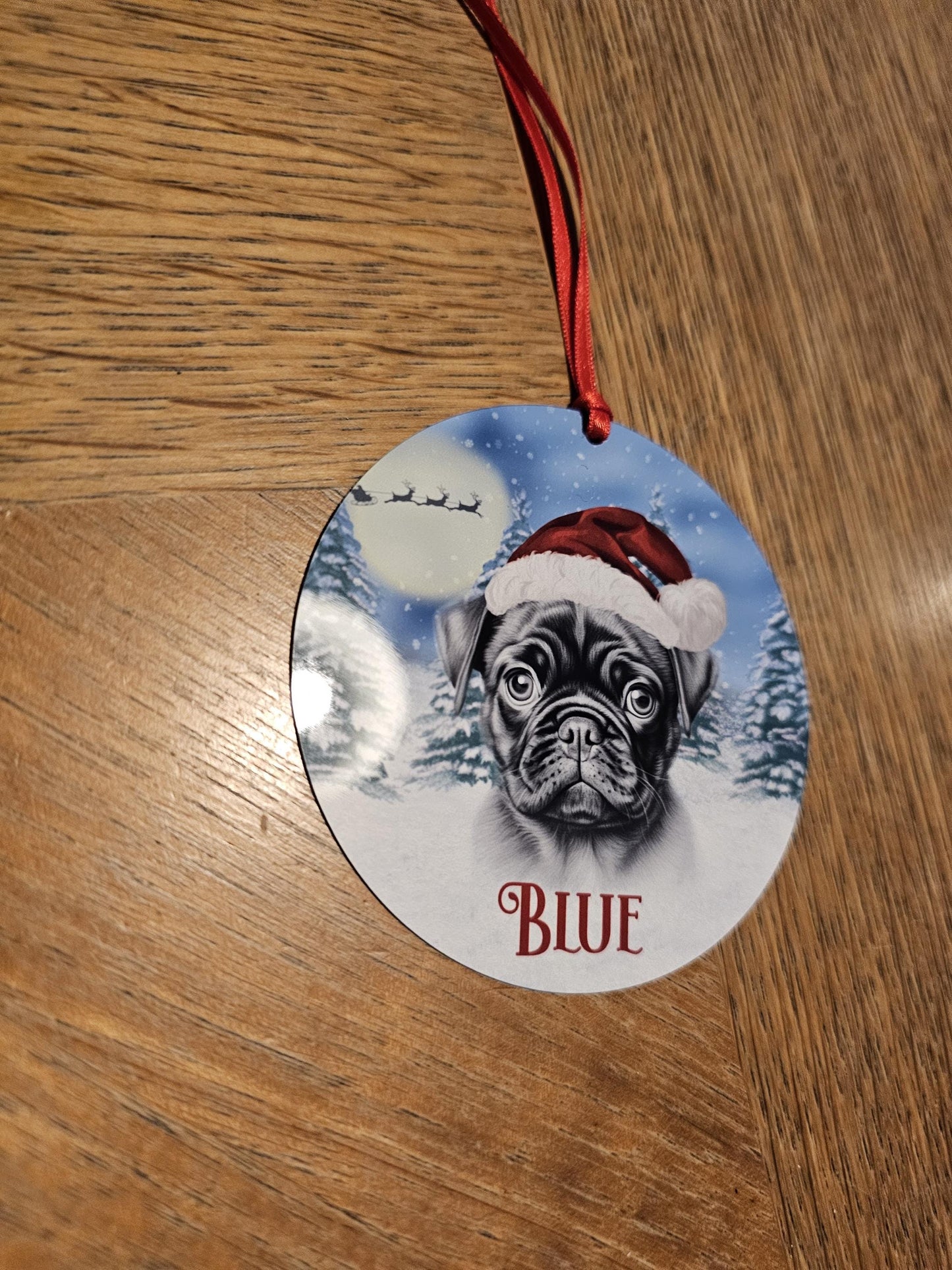 Personalised Christmas Black Pug Tree Decoration, Pug Metal Christmas Hanging Ornament