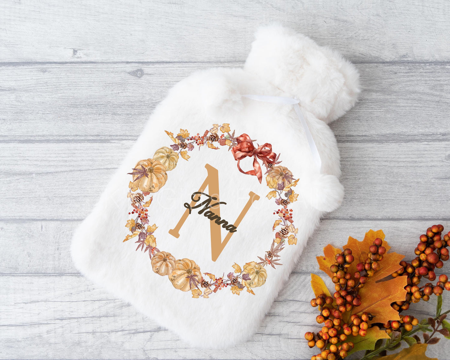 Personalised Hot Water Bottle, Autumn Fall Wreath, Gifts For Mum Nan Grandma