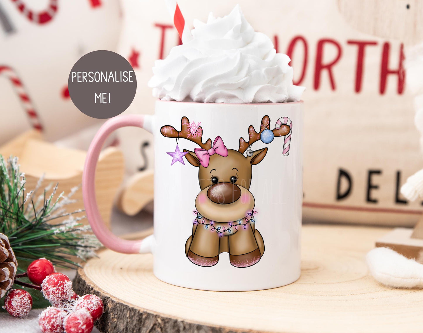 Personalised Pink Christmas Mug, Xmas Reindeer Mug, Girls Christmas Cocoa Mug