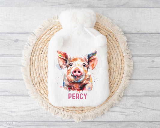Pig Hot Water Bottle, Personalised Pig Gifts, Pink Pig Fluffy Hot Water Bottle