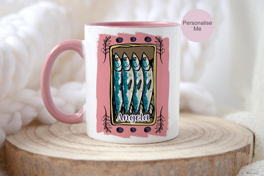 Personalised Pink Sardine Mug & Coaster: Tinned Fish Gift