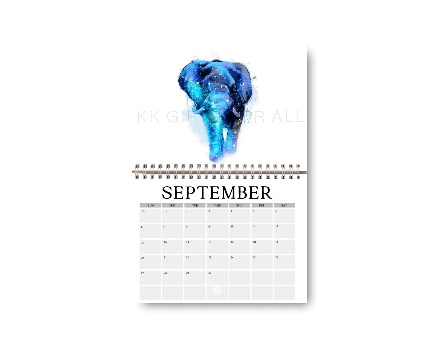 Elephant 2026 Wall Calendar: Hand-Drawn Art, A4 Landscape
