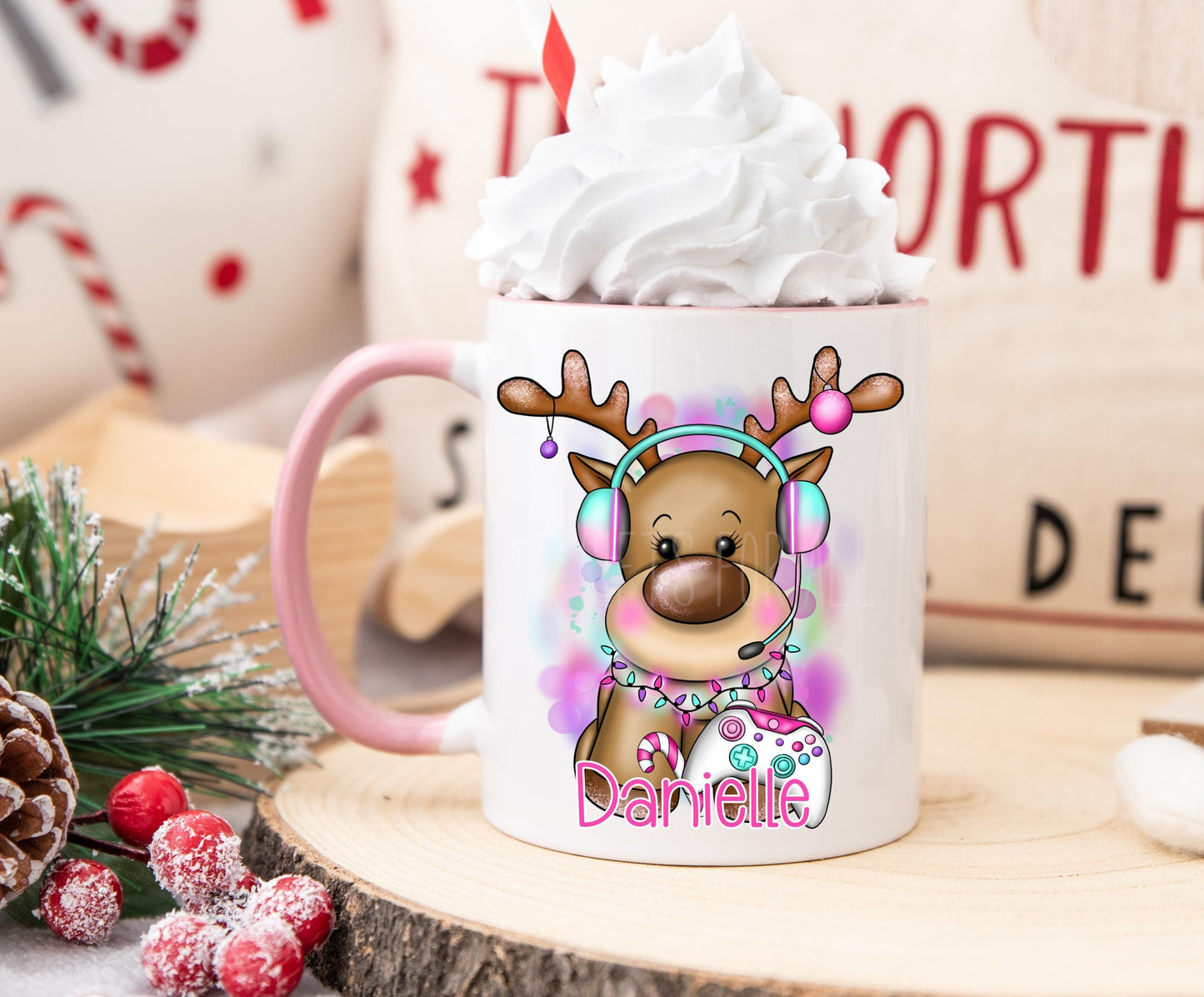 Children's Christmas Mug, Personalised Pink Reindeer Mug, Gamer Gifts
