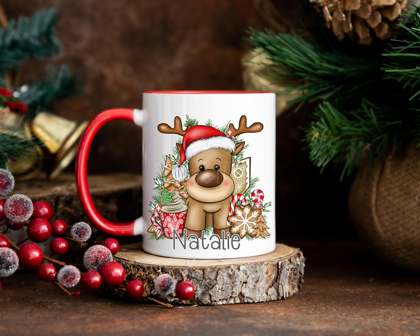 Christmas Reindeer Mug, Red Xmas Cocoa Mug, Personalsied Reindeer Mug