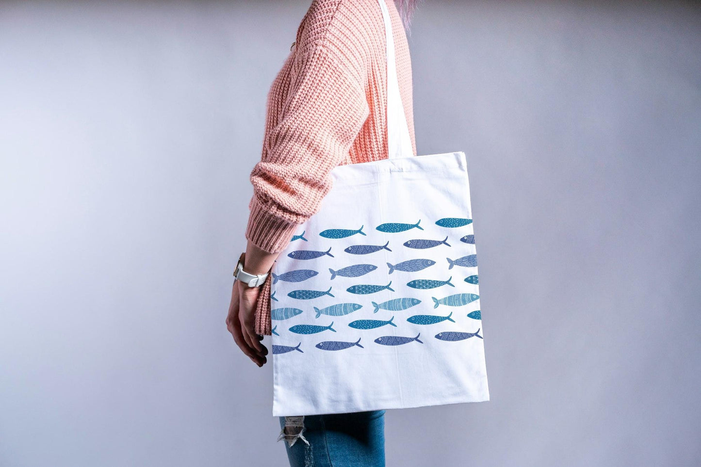 Personalised Sardine Fish Tote Bag, Long Handle Reusable Shopper, Maritime Theme Gift