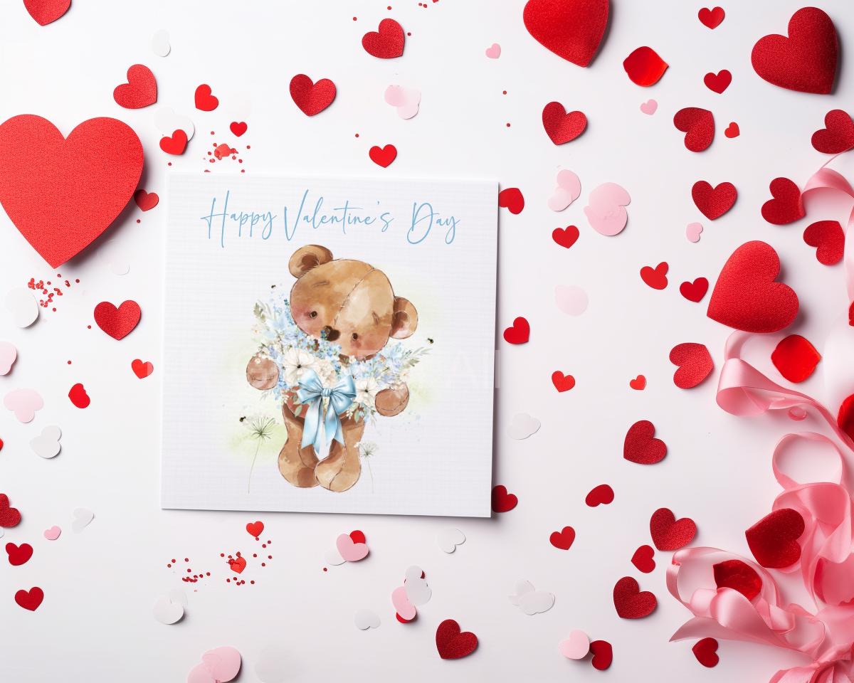 Valentine's Day Card, I love You Card, Card For Wife Or Girlfriend, Bear With Flowers