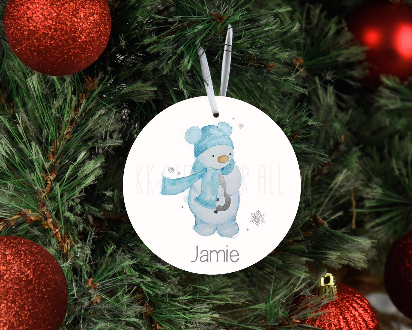Personalised Christmas Tree Decoration, Christmas Hanging Ornament, Metal Tree Decoration, Blue, Snowman Dec, Baby Boy's First Christmas