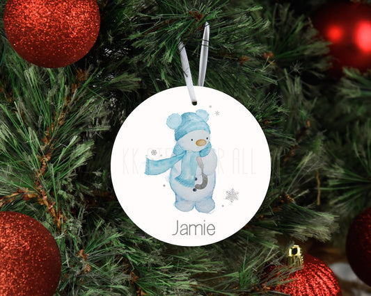 Personalised Christmas Tree Decoration, Christmas Hanging Ornament, Metal Tree Decoration, Blue, Snowman Dec, Baby Boy's First Christmas