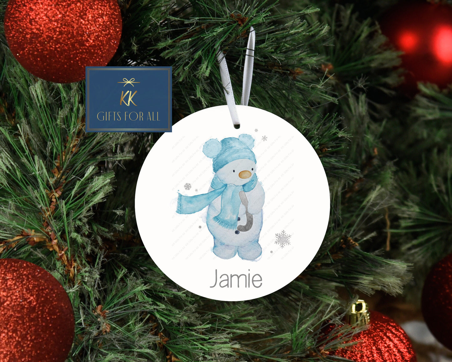 Personalised Christmas Tree Decoration, Christmas Hanging Ornament, Metal Tree Decoration, Blue, Snowman Dec, Baby Boy's First Christmas
