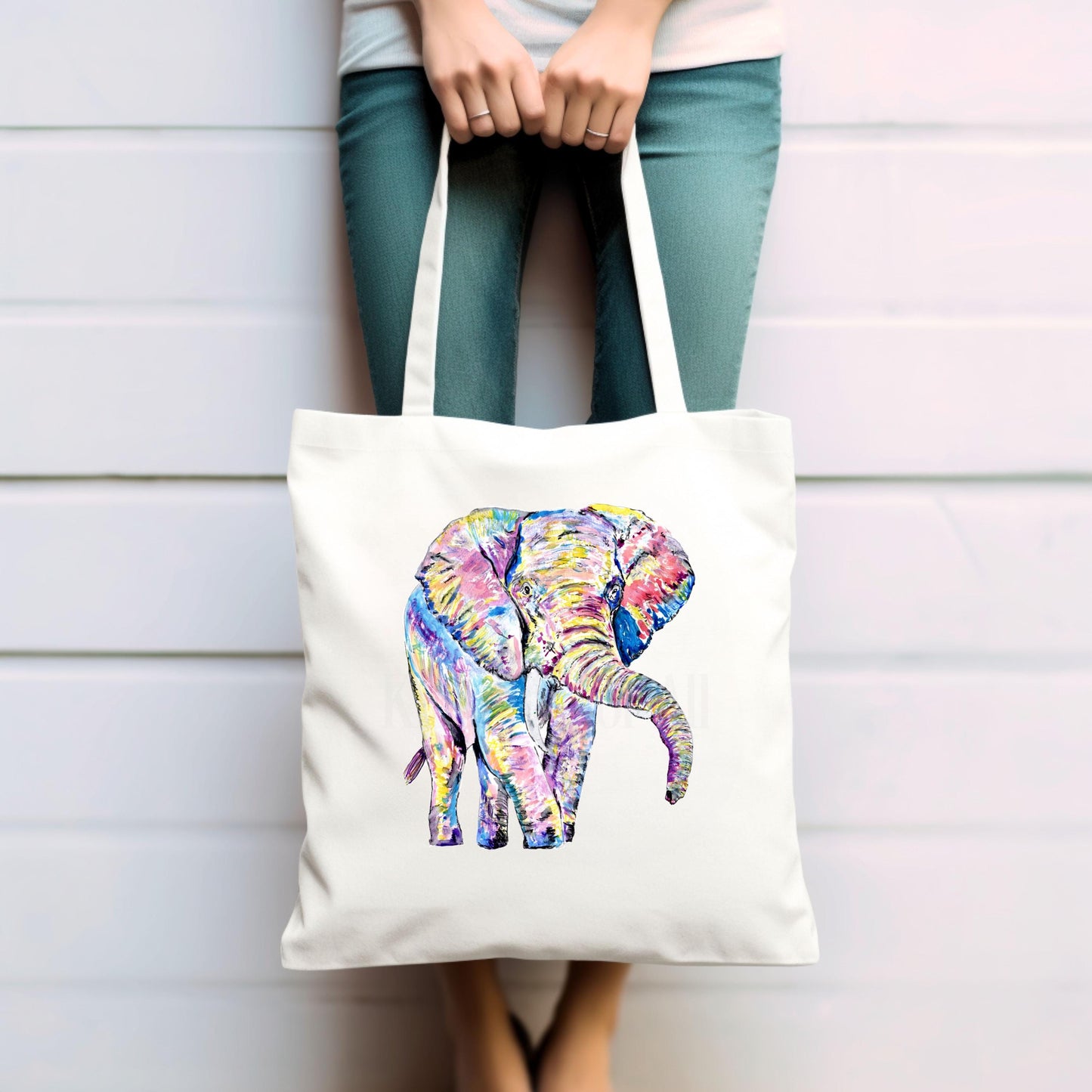 Rainbow Elephant Tote bag, Personalised Totebag, Large Totebag, Colourful Elephant Gift, Long Handle Bag