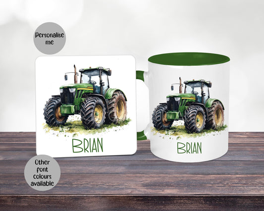 Personalised Green Tractor Mug & Coaster Set, Farmer Gift