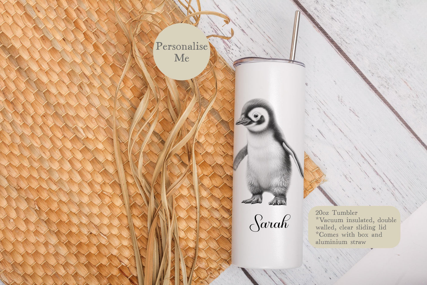 Personalised Penguin Tumbler, 20oz Tumbler With Box & Aluminium Straw, Gift For Woman Mum Sister Friend, Penguin Lover Gifts